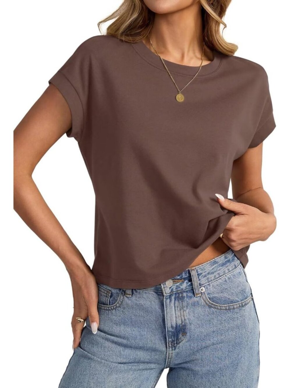 Women's Brown Cap Sleeve Crewneck Loose Fit Casual Summer Pull On Crop Tops
